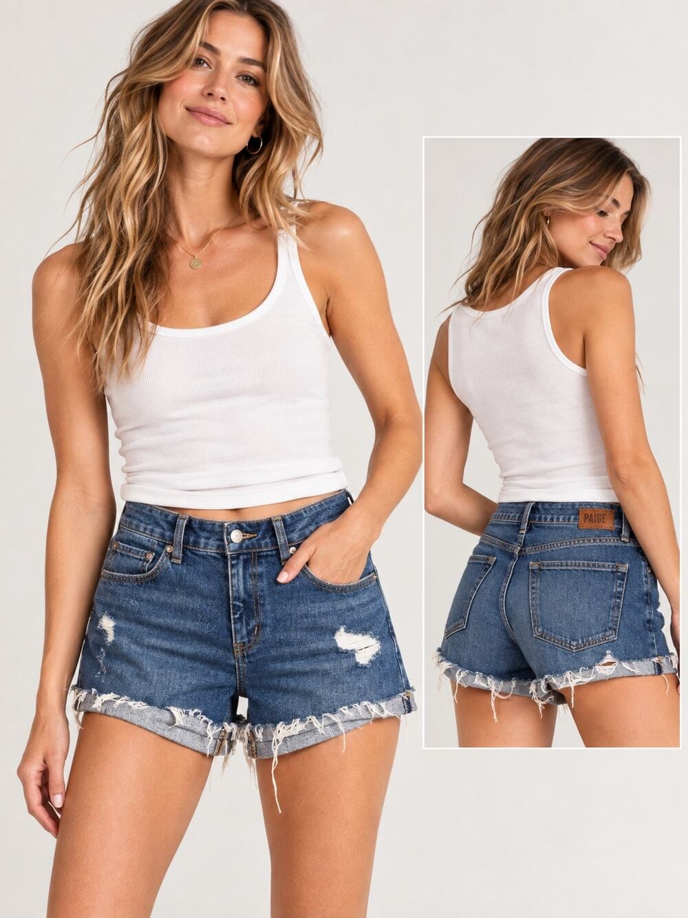PAIGE Distressed Denim Cutoff Shorts Frayed Hem Medium Wash